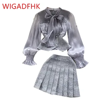 WIGADFHK Yüksek Kaliteli Küçük Koku moda elbise kadın Sonbahar Şık Uzun kollu Gömlek + pilili Etek Zarif İki parçalı Set
