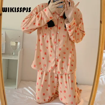 WIKISSPJS Bahar Kış Çilek Uzun Kollu Pijama kadın Kore Hırka Güzel Ev Giysileri Iki parçalı Takım Loungewear