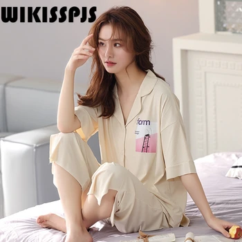 WIKISSPJS2022 Yeni Yaz Pijama kadın Modal Kısa Kollu Kapriler Takım Elbise Salonu Aşınma Uyku Üstleri İki Parçalı Set Yaz