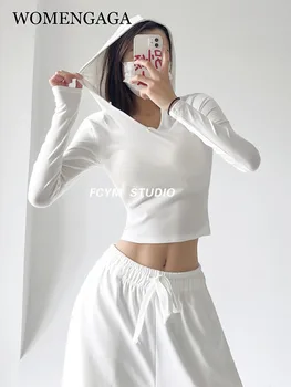 WOMENGAGA Ince Kapüşonlu Sweatshirt Kadın Rahat Sokak Spor Kısa Düğme V Yaka Hoodie Tops Taban Streetwear Kore 7IY8