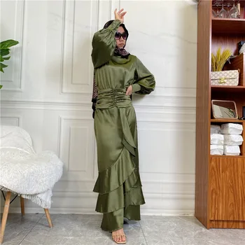 Wepbel Düğme Gömlek Slim Fit Müslüman kadın elbisesi Takım Elbise İslam Kıyafetler Kadın Müslüman Elbise Setleri Saten O-Boyun Uzun Kollu Bluzlar Üst