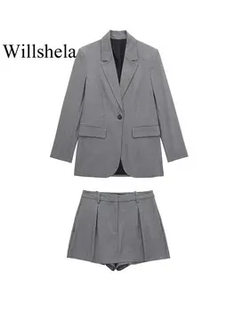Willshela Kadın Moda 2 Parça Set Takım Elbise Tek Düğme Blazer ve Vintage Ön Fermuar Etekler Şort Kadın Ofis Blazer Takım Elbise