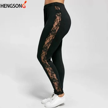 XL-NewWomen Legging Yüksek Bel Seksi Dantel Patchwork Hollow Out Streç Büyük Legging Pantolonyeni