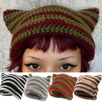 Y2K Japon Bere Şapka Kadınlar İçin Küçük Şeytan Çizgili Örme Yün Kap Sonbahar ve Kış Sevimli Kedi Kulaklar İsıtıcı Kaput Rahat Kap