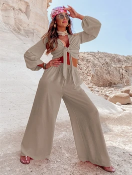 Y2K Rahat Yay İki Parçalı Kadın Takım Elbise Gevşek Fener Kollu Kırpma Üst Geniş Bacak Pantolon Kadın Takım Elbise 2023 Sonbahar Streetwear Bayan Setleri