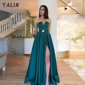 YALİN Koyu Yeşil Abiye Straplez Kat Uzunluk Kadın Parti Elbise Yüksek Bölünmüş Cep Pageant elbise Robe De Soiree