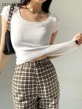 YSZWDBLX kadın t-shirtü Kısa Kollu Pamuklu Kore yazlık T-shirt 2022 Slim Fit Katı Üst Dip Gömlek Beyaz Siyah Tshirt
