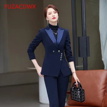 YUZACDWX Haki Takım Elbise Kadın Yüksek Eed Resmi Röportaj İş İnce Blazer Ve pantolon Ofis Bayanlar Moda İş Elbisesi Göl Mavi