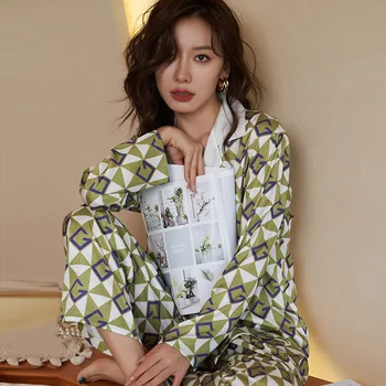 Yaka Ev Giysileri İç Çamaşırı Pijama Dökün Femme Sleepwear Baskı Gecelik Düğmeli Pijama Seksi Uzun Kollu Loungewear