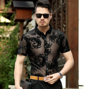 Yaz 2019 Seksi Erkek See Through Kadife Gömlek Erkek İçi Boş Gömlek Çiçek Elbise Kısa Kollu