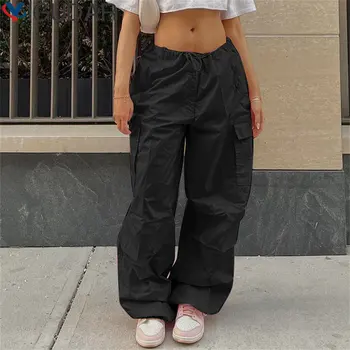 Yaz Bayan Vintage Gri Kargo Pantolon Yüksek Bel Geniş Bacak Kot Baggy Rahat Moda Çoklu Cepler Anne Hip Hop Sokak Tarzı