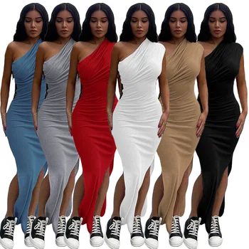 Yaz Kolsuz Beyaz Casual Parti Maxi Elbiseler Kadınlar için 2022 Bir Omuz Dantelli Yan Bölünmüş Kırmızı Siyah Bodycon Elbise