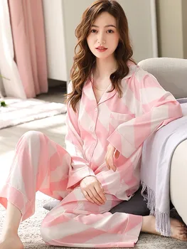 Yaz Saten Pijama Kadın Pembe uyku tulumu Şerit Kıyafeti Seksi İnce Pijama Saten PJ Seti Gecelik Pijama Femme Nuisette