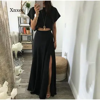 Yaz Seksi Moda kadın Yüksek Yarık Etek Takım Elbise Yedi Noktalı Bluz Uzun Etek İki Parçalı Siyah Şık Kazak gündelik giyim