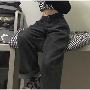 Yaz Vintage Ayarlanabilir Yüksek Bel BF Boy Geniş Bacak Pantolon Baggy Tüm Maç Streetwear Retro Şık Yeni Kot Kadın Kot