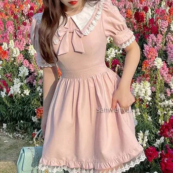 Yaz Vintage Kawaii Elbise Japon Yay Peter Pan Yaka Bebek Bebek Elbise Kadınlar İçin Puf Kollu Dantel Pembe Prenses Lolita Elbise