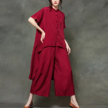 Yaz Yeni Gevşek moda elbise Kadın Düzensiz Kısa Kollu Hırka + Elastik Bel Dokuz Noktalı Pantolon İki Parçalı Kadın