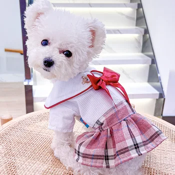 Yaz Yeni Köpek Giysileri Pet Köpek Ekose Elbise Yay-düğüm Pamuk Ekose Elbise Evcil Kedi Sevimli Karikatür Chihuahua Etek
