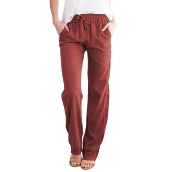 Yaz kadın pamuk keten ipli gevşek geniş bacak pantolon sıcak satış uzun pantolon cepli