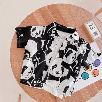 Yaz karikatür panda baskı kısa kollu erkek ve kız çocuklar için tişörtler pamuk rahat gevşek Üstleri