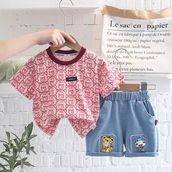 Yaz Çocuk Erkek Bebek Moda Takım Elbise Kısa Kollu T-Shirt + Kot Şort günlük kıyafetler Kıyafet Kız Karikatür Giyim 2 adet / takım
