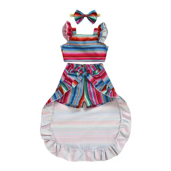 Yaz Çocuk Yürüyor Bebek Kız Yelek Üst + Şort Etekler 4 adet Kıyafetler Set Giysileri Kolsuz Yay Tankları Kafa Bandı Renkli Şerit Takım Elbise