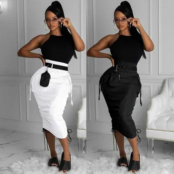 Yeni 2022 Kadınlar Yüksek Bel Cep Yan Dize Dökümlü Bodycon Midi Etekler Streetwear Siyah Beyaz Etek