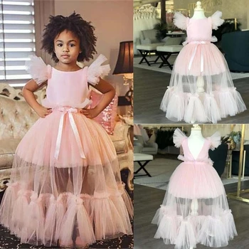 Yeni Balo Puf Tül Pembe Aplike Çiçek Kız Elbise Çocuk Giysileri Küçük Prenses İlk Communion Parti Özel FA01