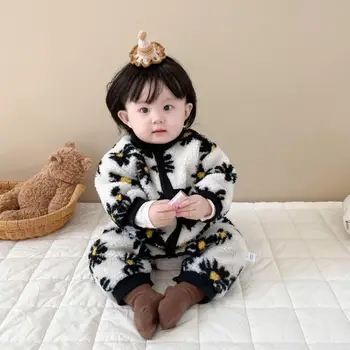 Yeni Bebek Kız Kış Polar Tulumlar Çocuklar Kız Çiçek Baskılı Pamuklu Tulum Çocuk Kore Moda Sıcak Giysiler Kıyafetler