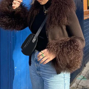 Yeni Büyük Kürk Yaka Taklit Kürk Dekorasyon Sevimli Y2K Hırka Ceket kadın Tek göğüslü Zarif HighStreet Uzun kollu Üst