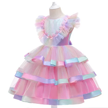 Yeni Gökkuşağı Dövme çocuk Elbise Etek Kabarık Örgü Payetli Prenses Elbise Okul Performansı Doğum Günü Elbise