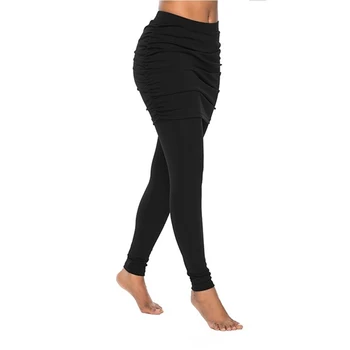 Yeni Koşu Pantolon Moda Kadınlar Wrap Katlanır Kalça Yan Pilili Etek Sahte İki Adet İnce Seksi Etekli Tayt Yüksek Bel Pantolon