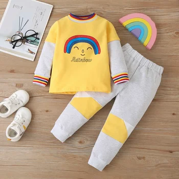 Yeni Moda Giyim Çocuk Giysileri 2 Adet Set Pamuk Gökkuşağı Patchwork Uzun Kollu Üstleri + pantolon Spor Rahat Erkek Bebek Giysileri 1-6Y