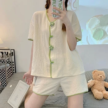Yeni Pamuklu Pijama 2 parçalı Set kadın Çin Tarzı Salonu Kore Kız Yay Ev Giysileri 2022 Yaz Nefes Pijama