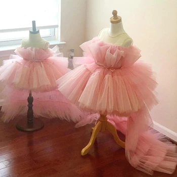 Yeni Pembe Çiçek Kız Elbise Düğün için Sheer Boyun Küçük Prenses Pageant Doğum Günü Partisi Elbisesi Çocuk İlk Communion Elbise