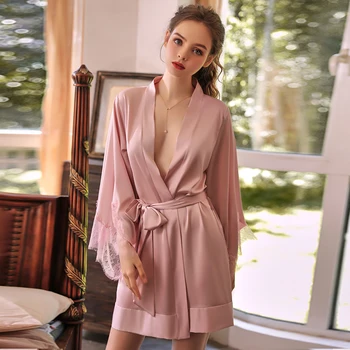 Yeni Saten Elbise Kadın Samimi İç Çamaşırı Seksi Pijama İpek Gelin Düğün Kimono Bornoz Elbisesi Gecelik Dantel Kıyafeti