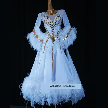 Yeni Standart Balo Salonu Dans Elbise Kadın Kızlar Yarışması Kostüm Likra Vals Sahne Custom Made Beyaz Tüy
