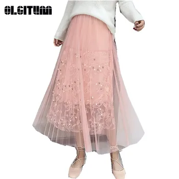 Yeni Tasarım Pilili Etek Kadınlar için Moda Örgü Dantel A-line Etekler Orta Uzunlukta Uzun Etek İnci Boncuk Kadın Etek SK151