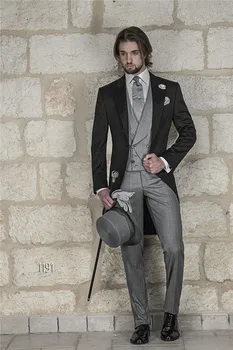 Yeni Tasarım Sabah tarzı Siyah ceket Gri tava ve yelek Damat Smokin Groomsmen Düğün Takımları (ceket + Pantolon + yelek + kravat)