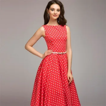 Yeni Vintage Polka Dot Salıncak Parti Elbiseler Yaz Bayan Kolsuz O-Boyun Zarif Elbise Casual Boho Midi Elbise Elbise Kadın