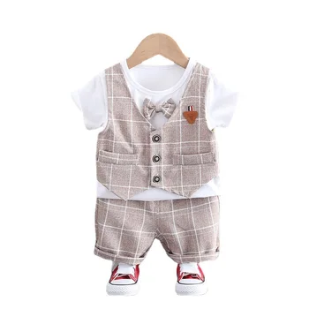 Yeni Yaz Bebek Giysileri Takım Elbise Çocuk Erkek Moda Ekose T-shirt Şort 2 adet / takım Toddler Rahat Kostüm Bebek Çocuk Eşofman