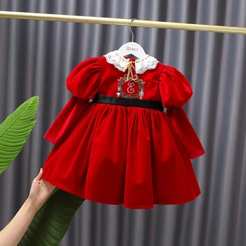 Yeni Yıl Vestidos Bebek Kız Lolita Kırmızı Elbise Çocuk İspanyol Prenses Elbiseler Bebek Nakış Balo Kızlar için Noel
