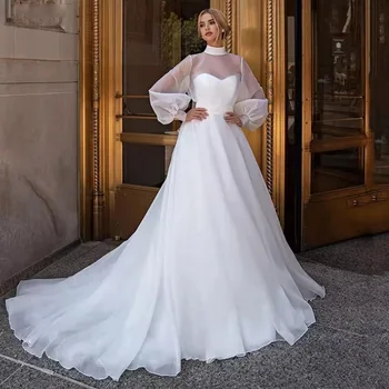 Yeni düğün elbisesi Beyaz Yüksek Boyun Uzun Kollu Slim Fit Düğün Artı Boyutu gelin kayışı düğün elbisesi