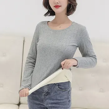 Yeni kadın Kadife termal iç çamaşır Uzun Kollu Peluş Gömlek O Boyun Elastik Katı Üstleri Kadın İnce Termal Bluz Kış