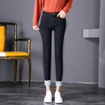 Yeni kadın Kış Peluş Kot Kadın Yüksek Bel Kalınlaşmış Sıcak Elastik İnce Dış Giyim Küçük Bacak Pantolon Kaşmir Sıcak Kot