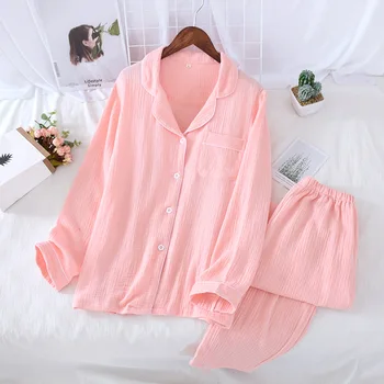 Yeni Çift Takım Elbise Ev Giyim Krep Yaka Pijama Uzun Kollu Gömlek Pantolon Rahat Renk Saf V Boyun cep iç çamaşırı Seti Erkek Arkadaşı