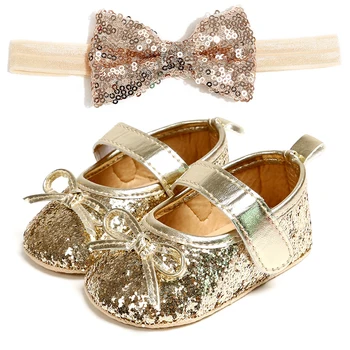 Yenidoğan Bebek Kız Ayakkabı ile saç bandı PU deri İlmek İlk Yürüyüşe Bahar Prenses Ayakkabı Parti Düğün Bebek Kız Ayakkabı