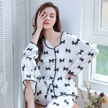 Yenilik Kadınlar Uzun Kollu Gecelik Pijama Takım Elbise Baskı 2 ADET Uyku Seti Samimi İç Çamaşırı Rahat Düğmeli Pijama Pijama