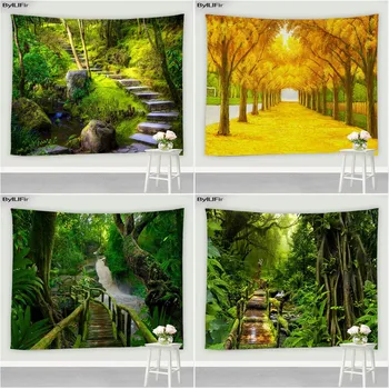 Yeşil Orman Ahşap Köprü Peyzaj Goblen Psychedelic Orman Oturma Odası Duvar Asılı Ekran Hippi Dekor Arka Plan Bez