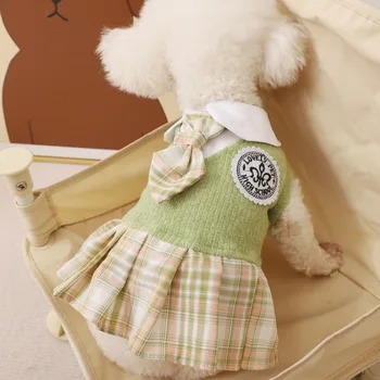 Yeşil köpek evcil hayvan giyim JK Elbise Köpek Giysileri Kedi Küçük Ekose İlmek Tiki Tarzı Sevimli Bahar Sonbahar Yorkshire Aksesuarları